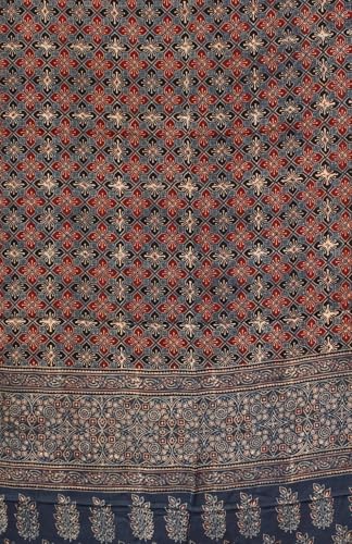 Image of Ethnics of Kutch Womenss Ajrakh Modal Silk Natural Dye Hand Block Print Saree with Blouse Piece - 5.5 Mtr Length