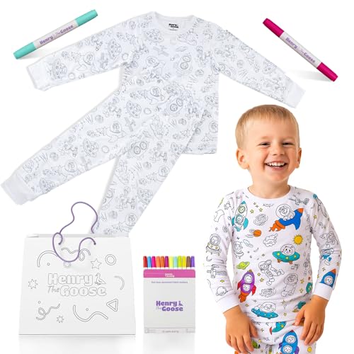 Coloring Pajamas for Kids Made with Original Cotton | Kids Pajamas Girls & Boys with 12 Non Toxic Markers to Personalize their Sleepwear with Unique Designs | Ideal Gift for Girls & Boys | 4 Years
