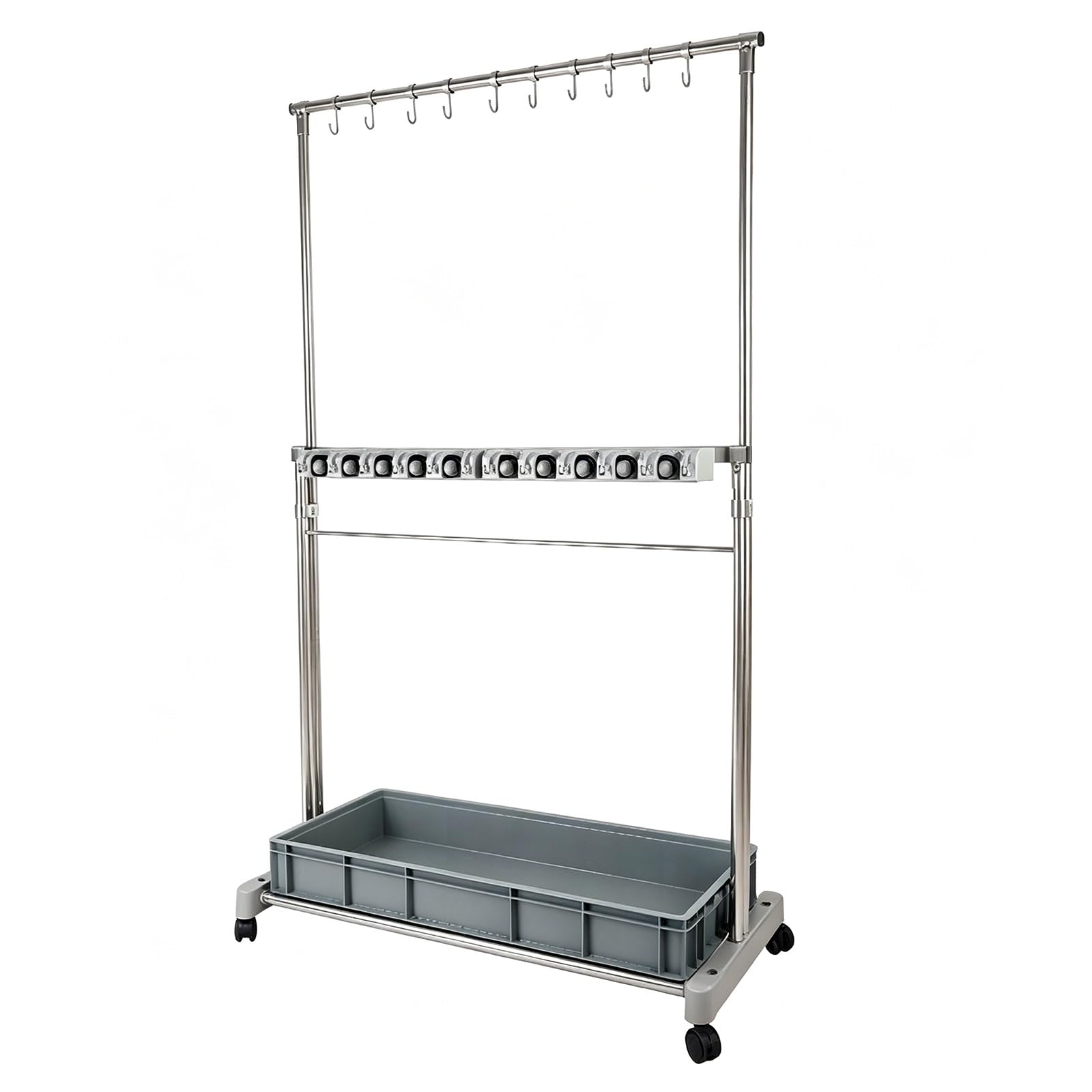 Soporte para escobas, estante de almacenamiento móvil independiente para herramientas de limpieza con bandeja de goteo y ganchos, ideal para garaje, jardín, escuelas, hoteles, 100 x 46 x 176 cm