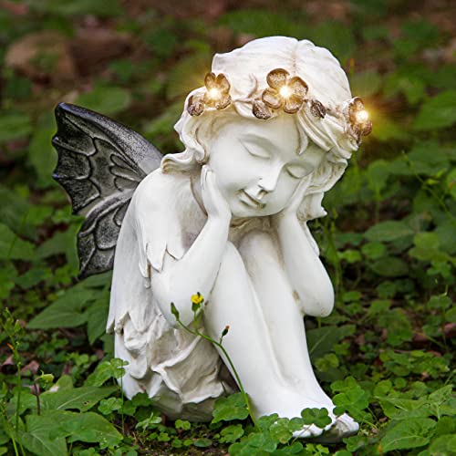 Leekung Ivory White Resin Sculpture, Angel Figurine With Solar Powered Lights For Outdoor Decor thumb #2