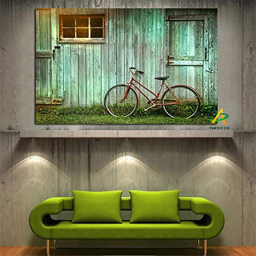 Toile peinture vélo sur vieille cabane moderne HD 60x80 cm sans cadre pour décoration murale