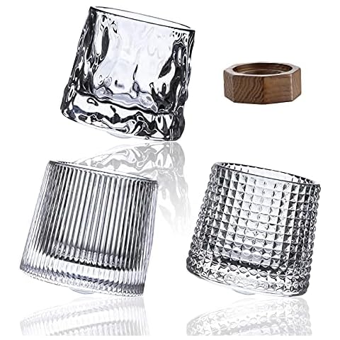 Rolling Crystal Whiskey Gläser Set von 3, drehbare Gläser mit Holzhalter, altmodisches Glas für Getränke, Gläser für Scotch, Cocktails, Bourbon, Geschenk für Männer Cover