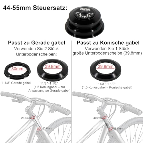 CNCLOL Fahrrad Steuersatz 34mm 44mm 41.8-52mm,44-55mm,44-56mm,Gabel Lager 1 1/8 Steuersatz Lenkkopflager, Semi integriert 1 1/8 Kugellager für MTB/Rennrad/BMX. (44-55mm-Gerader Gabel/Kegelfork)