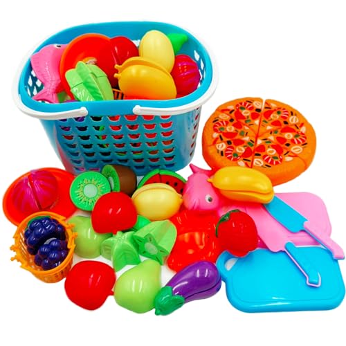 NIWWIN Juego Cocina Niños 27pcs - Cesto con Pizza Cortable, Frutas Texturizadas y Cuchillos | Juguete Educativo 3+​