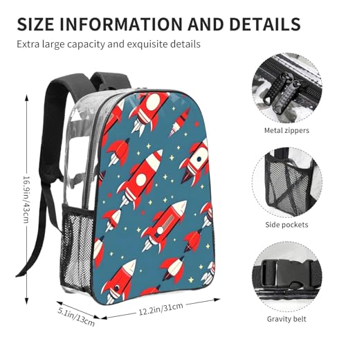 Cartoon Rockets Print Work Travel Stadium Events Transparent Backpack PVC Clear Bag Large Side Pockets4