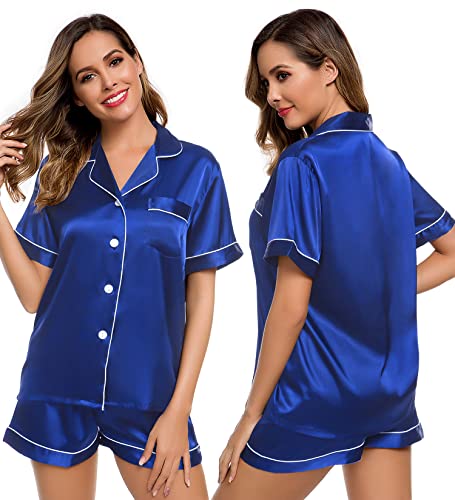 Image of LecGee Womens Silk Satin Pajamas Short Sleeve Loungewear Two-Piece Sleepwear Button-Down Pj Set