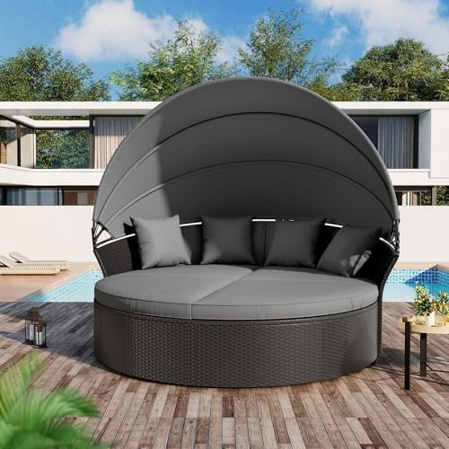 Crownland Outdoor Patio Canopy Bed Round Daybed with Washable Cushions, Clamshell Sectional Seating Wicker Furniture with Retractable Canopy Furniture for Backyard, Porch, Pool (Black)
