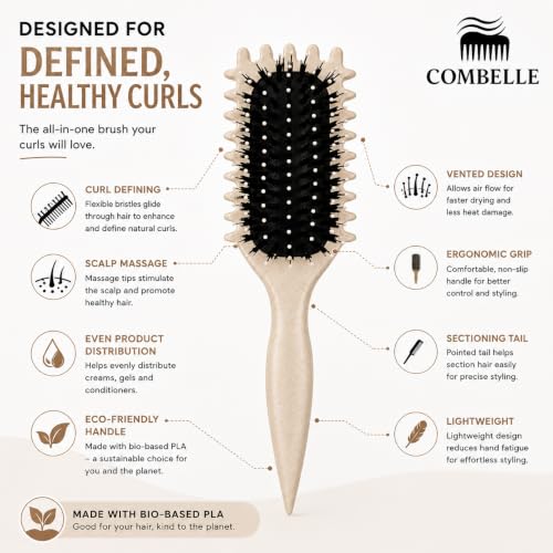 Image of Combelle 5-in-1 Curl Hair Brush | Vegan Boar Bristles | Bio-Based PLA Handle | Detangling, Defining & Frizz Control for Curly & Wavy Hair | For Men & Women - Beige