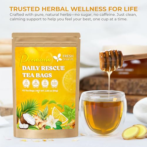 Image of FreshDrinkUS, Premium 40 Tea Bags Daily Rescue Lemon Ginger Tea - 9 Superherbs - 100% Natural Ingredients, Tea Mix for Wellness Boost - Shelf-Stable, Caffeine-Free, Sugar-Free, Vegan