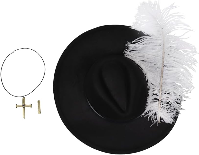 Taiture Adult Hawk Eyes Mihawk Hat Cosplay Black Classic Wide Brim Sun Pirate Feather Hat Necklace Halloween Costume