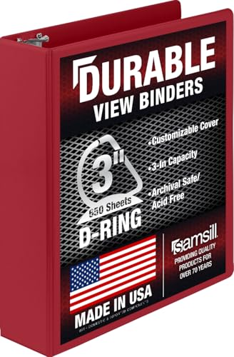 Samsill Durable 3 inch 3 Ring Binder D Ring Binder 100% Recycled Chipboard Red