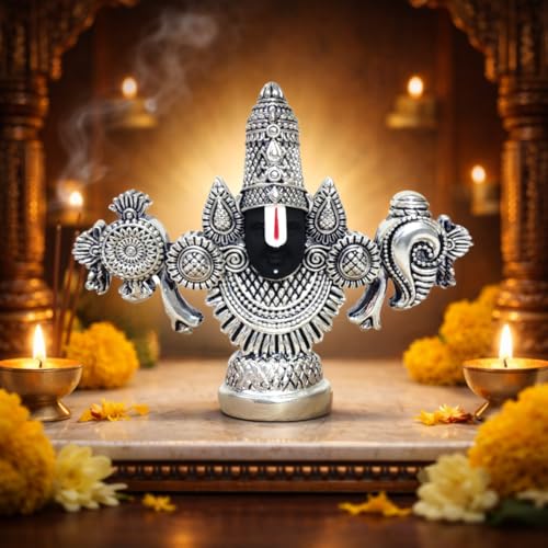 Image of Gold Art India Lord Venkateswara Balaji Idol | Silver-Plated Antique Matte Finish | 3.5 x 4.2 inch | Tirupati Balaji Statue for Home Mandir, Office & Gift Purpose