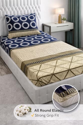 Image of Premium Glace Cotton Fitted Single Bed Sheet - Soft Cotton Feel, Snug Fit for 8 inch Thick Mattress, 4ft x 6ft Elasticated Bedspread with Pillow Case Brown Check