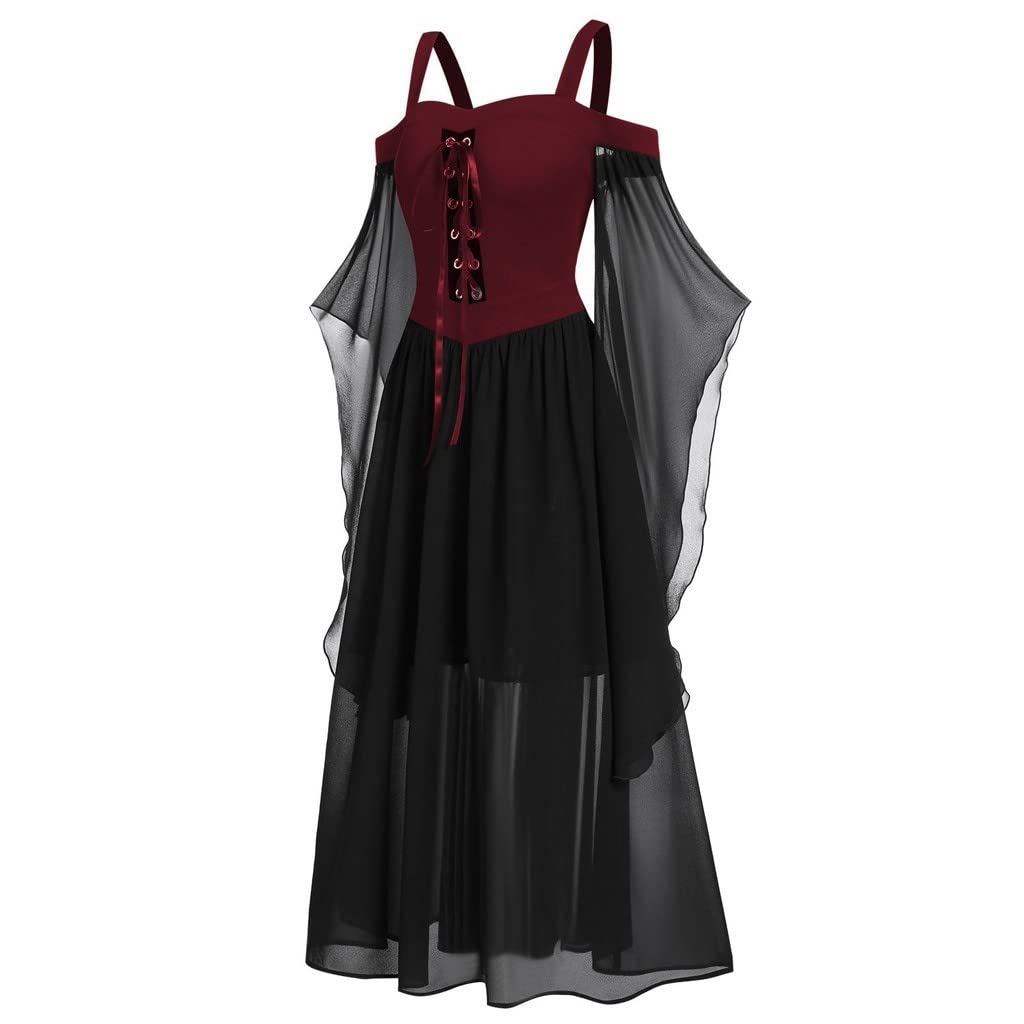 Llecdaseui Women's Red-A Plus Size Victorian Gothic Jacquard Grommets Buckle Cross Butterfly Sleeve Medieval Renaissance Dress (,Xl)