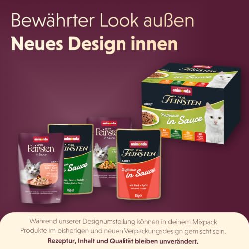 animonda vom Feinsten Premium Katzenfutter nass Raffinesse in Sauce, 24 Portionsbeutel (24 x 85g), hochwertiges Katzen Nassfutter ohne Zucker, mit frischen fleischigen Zutaten