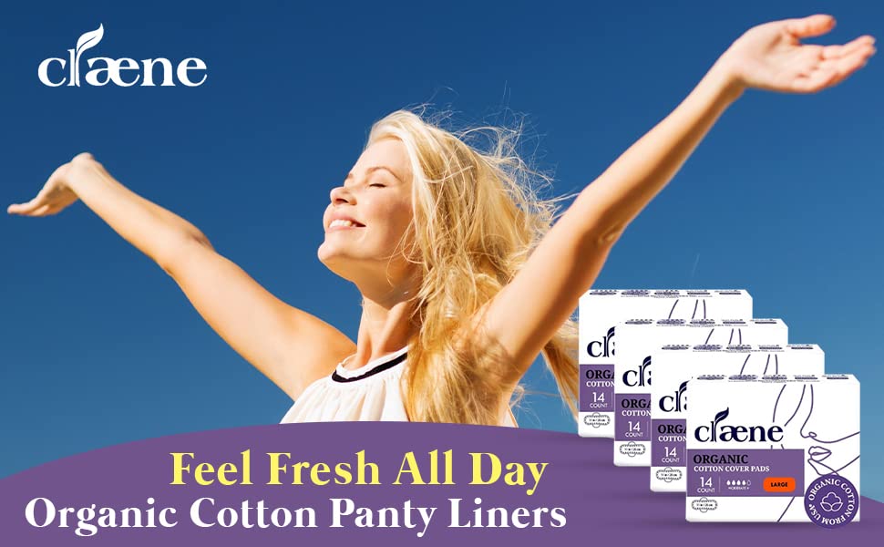 Image of Claene Organic Cotton Cover Pads, Menstrual Large Pads for women, Unscented, Breathable, Natural Sanitary Napkins with Wings (4Pack, Total 56)