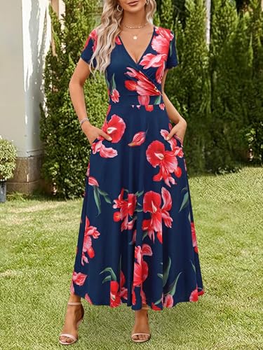 Image of HUHOT Women's Short Sleeve Wrap V Neck Dresses for Wedding Guest Summer Floral Maxi Sundresses with Pockets Boho Dress