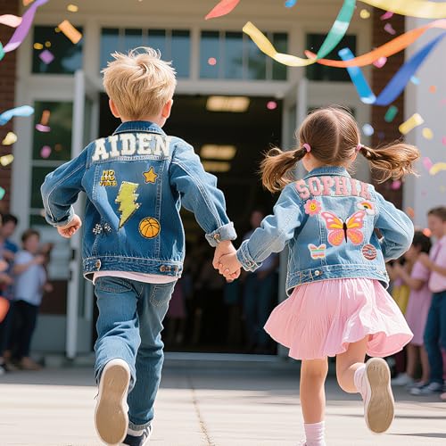 Personalized Kids Patch Denim Jacket with Names, Custom Long Sleeve Jean Jacket, Back to School Brithday Easter Gifts for Toddlers, 1-8 Years Old Girls Clothes, Girls Spring Outfits4