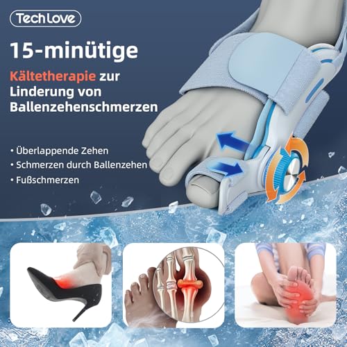 Tech Love Hallux Valgus Korrektur Fixierplatte Upgrade Kältekompresse Hallux Valgus Ballen Zehen Korrektor mit 3 Verschiedenen Befestigungswinkeln Schiene für Zehen Tag und Nacht Unisex Blau