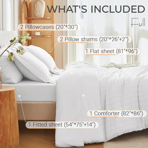 Image of MUXHOMO 7 Pieces Full Comforter Set, Seersucker Bed in a Bag Full Size, All Season Luxury Bedding Set with Comforter, Flat Sheet, Fitted Sheet, Pillowcases & Shams, White