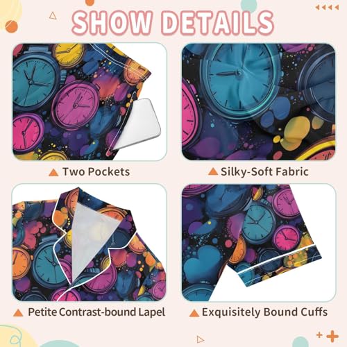 senya Colorful Alarm Clock Satin Summer Pajama Sets Silk Short Sleeve Button Down Sleepwear3