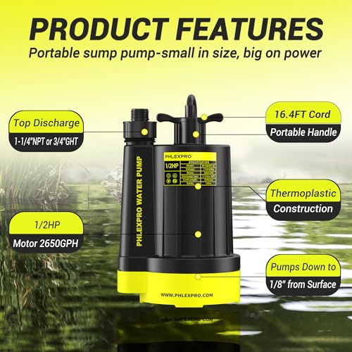 PHLEX PRO Sump Pump 1/2HP Submersible Water Pump, 2650GPH Utility Pump Thermoplastic Electric Portable Transfer Water Pump for Swimming Pool Garden Pond Basement with 16.4ft Long Power Cord