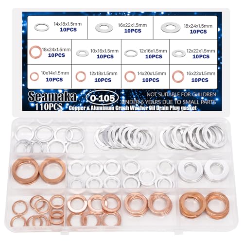Seamaka 110pcs Oil Drain Plug Crush Washer Gasket Seal Assortment 50pcs Cooper and 60pcs Aluminum Oil Plug Washers-10mm 12mm 14mm 16mm 18mm O-105