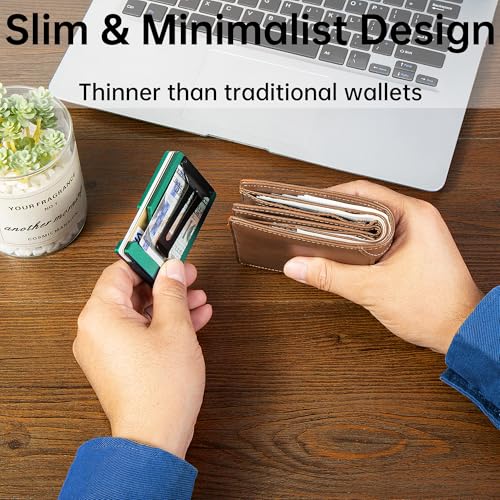 Image of Minimalist Wallet for Men, Slim Metal RFID Blocking Wallet Credit Card Holder Money Clip & Cash Strap, Scratch-Resistant Holds 15 Cards,Ideal Gift for Men | Matte Forest Green