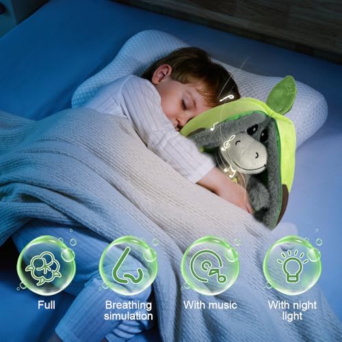 KUWUNG Atmendes Kuscheltier Esel, Herzschlag Plüsch Esel mit Atmung, Musik und Lichtern, Weiches Erdbeer Avocado Plüschtier Puppe, Kuscheltier Atmet Esel zum Linderung Angstzuständen 32 cm