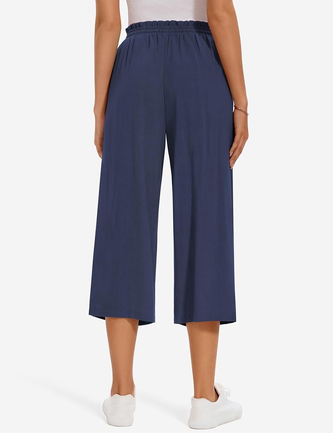 UEU Women's Linen Capris Wide Leg Ruffle High Waisted Pants Casual Drawstring Summer Loose Capri Pants with Pockets - Image 5