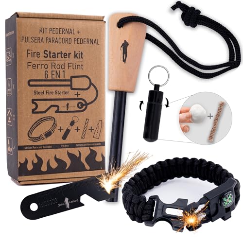 John Lossag – Kit Supervivencia Profesional ecoFire – Pedernal de Ferrocerio, Pulsera Paracord y Mechero con Iniciador de Fuego | Encendedor Multiusos para Camping y Bushcraft | Negro