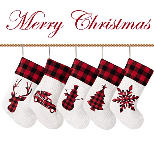 Lubot Set Of 5 Christmas Stocking(20Inch) Silhouette Buffalo Red Plaid/Rustic/Farmhouse/Country Cotton Fireplace Hanging Xmas Stockings Decorations For Family Holiday Season Decor #TOP1