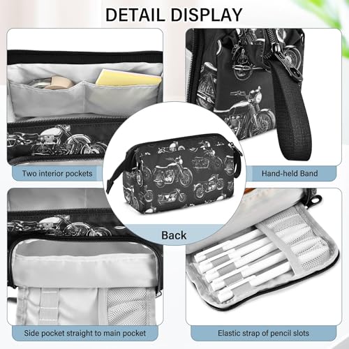 Image of Fisyme Black White Motorcycles Pencil Case Large Capacity Pen Bags Box Big Makeup Pouch Organizer
