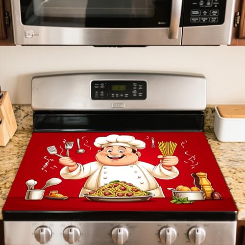 Image of Nuxovilar Stove Top Cover for Electric Stove 20.4 x 28.3 Inch, Gourmet Chef with Red Background Glass Stoves Covers for Gas Stoves Top Cooktop Protector Heat Resistant Range Ceramic