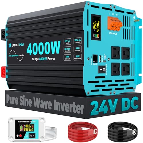 LANDERPOW 24V DC to 120V AC 4000 Watt Pure Sine Wave Inverter for RV Truck Solar Home Off-Grid Power Inverter with 4 AC Outlet 30W Type-C 5V 3.1A USB Hardwire Port Remote Control Surge 8000W