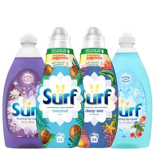 Surf Washing Up Liquid & Laundry Detergent Bundle 4 Pack, Deep Sea Minerals & Coconut Bliss Laundry Detergent 24 Wash 648ml Each, Coco Island & Berry Bliss Washing Up Liquid 500ml, Long-Lasting Fresh