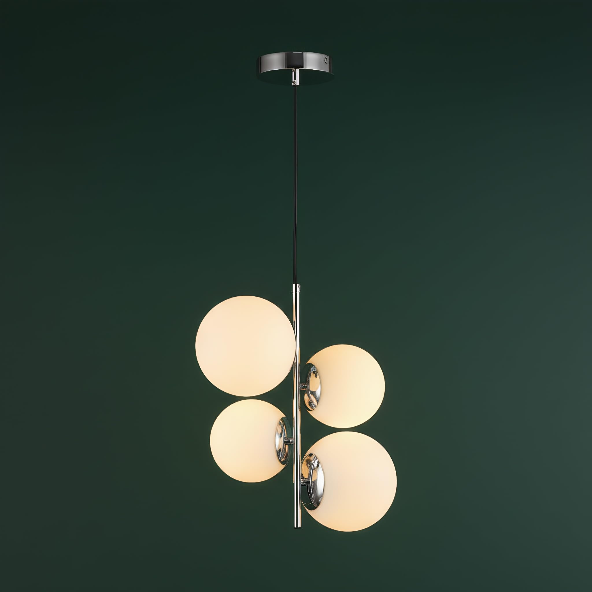 BARCELONA LED - Lámpara Colgante de Techo 4 Esferas TANNA, Lámpara Colgante Salón Moderna de Cristal Opalino y Aluminio, Casquillo E27, Ø 15cm, Ideal para Comedor, Cocina o Dormitorio (Cromo)