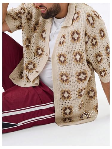 Men's Plus Size Floral Hollow Out Crochet Half Sleeve Cardigans Sweaters Button Down Collared Neck Knitwear2