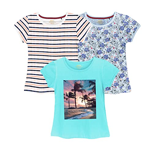 Image of Real Basics Cotton Regular Fit Half Sleeve Cotton T-Shirts for Girls - Round Neck Tops for Girl, Multicolor - Pack of 3