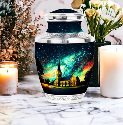 Image of Church Steeple Night Large Urns For Human Ashes Adult Male - Customized Adult Urns - Unique Cremation Urn For Ashes Dad - Personalized Urn For Ashes For Women - 10 Inch Large With Velvet Bag