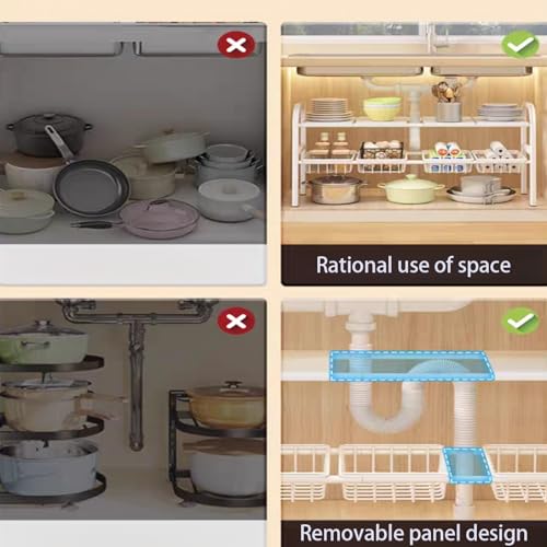 Under Sink Storage Kitchen Organiser,2 Tier Extendable Under Sink Shelf Organiser,With 5 Removable Panels And 5 Storage Basket,Stainless Steel Pipes - White - Image 9