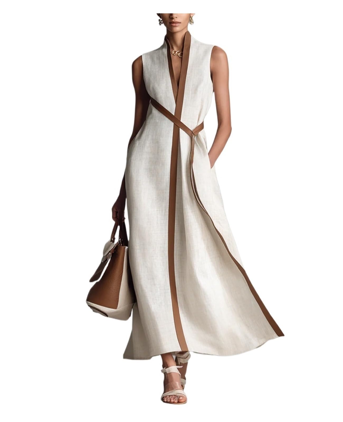 Abito in Lino Abito Elegante con Lacci Semplice Sciolto alla Moda da Donna Scollo a V in Lino Lungo da Abbinare