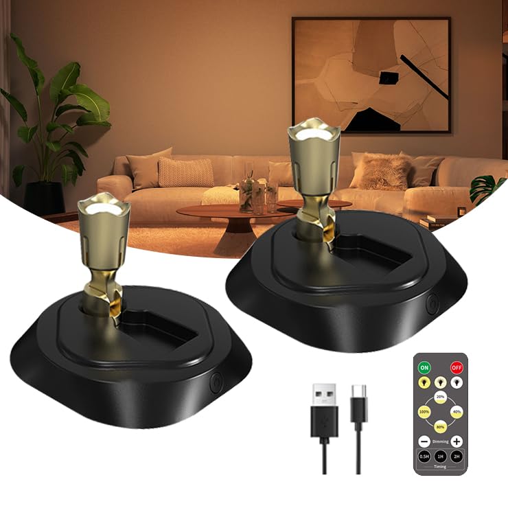 Wireless LED Spotlight, 2Pack Battery Powered Picture Puck Lights,3 Colour Rechargeable Spotlights Uplighting Indoor with Remote Control,Timer,Wall Lights for Picture Artwork Painting Statue (Black)