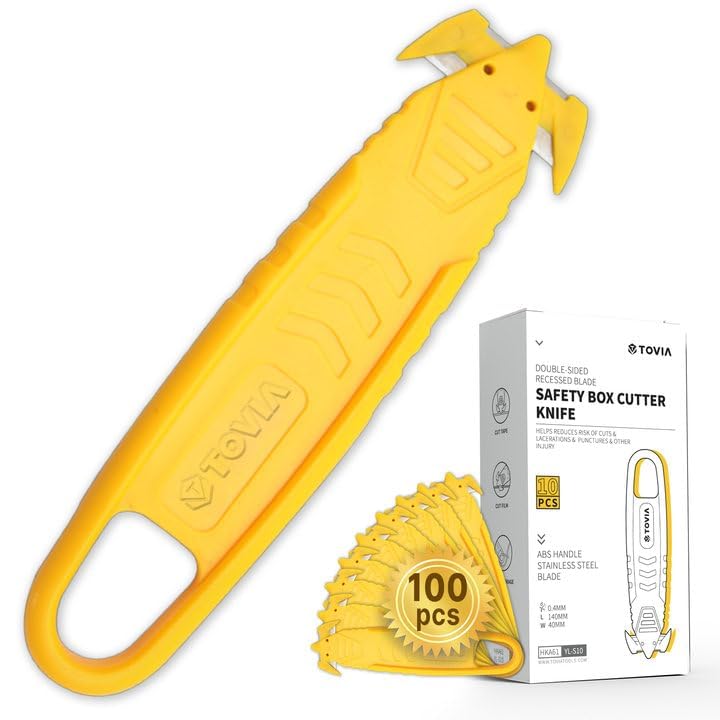 Image of Box Cutter Safety Knife T TOVIA 100 Pcs Utility Cutter and Package Opener with Recessed Concealed Stainless Steel Blade for Household, Workshop, Warehouse