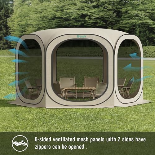 Werph 12x12 Pop Up Screen Tent, Mosquito Net Gazebo, UV Resistant Roof Waterproof Screen Canopy, Quick Setup Outdoor Shelter for Backyard, Patio, Garden, Picnic, Camping and Events, Beige