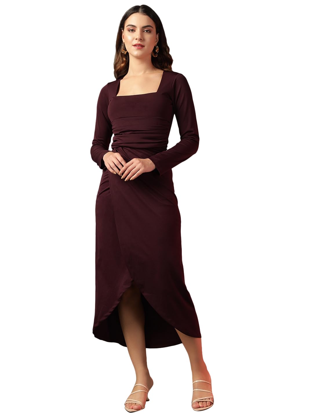 Women's Bodycon Midi Dress | Square Neck Wrap Style | Stretchable Polyester | Full Sleeve Fitted Dress for Party, Evening, Casual Outings & Date Night
