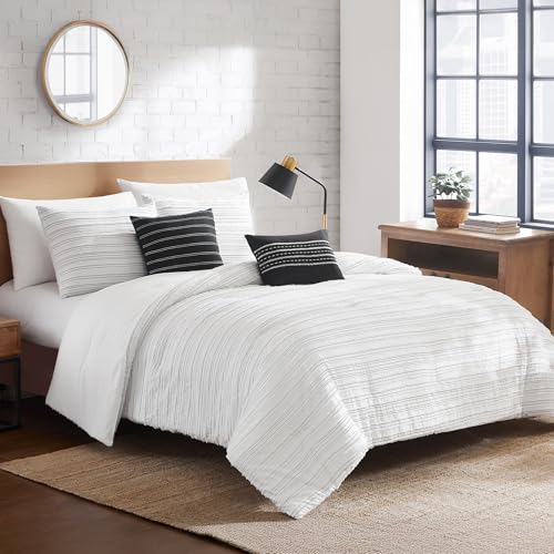 Image of Modern Threads Dixie White Jacquard Comforter Set - 5 Piece Textured Bedding with Decorative Pillows & Shams, Soft All Season Farmhouse Bed Set, Bright White with Graphite Stripes, King