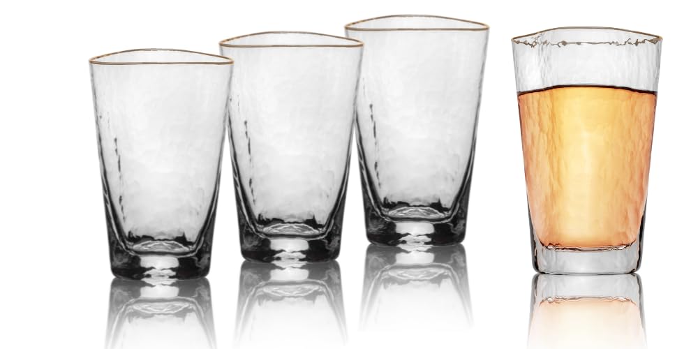Bec's Designs Gold Rim Highball Glasses – Set of 4, 16oz Handblown Triangular Hammered Glass Tumblers – Elegant Drinkware for Cocktails, Water & Iced