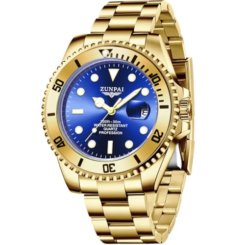 senstone Men's Watch Submariner Stainless Steel Strap Rotating Bezel Big Face with Luminous Calendar Water Resistant 30M Business Dress Analog Quartz Watch for Men (Gold-Blue)