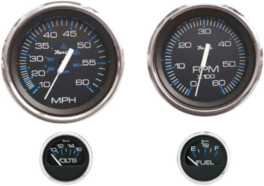 Faria Beede Instruments Faria Beede KTF004 Chesapeake Stainless Steel Outboard 4-Gauge Boxed Set - Speedometer/Tachometer/Fuel Level/Voltmeter, Black